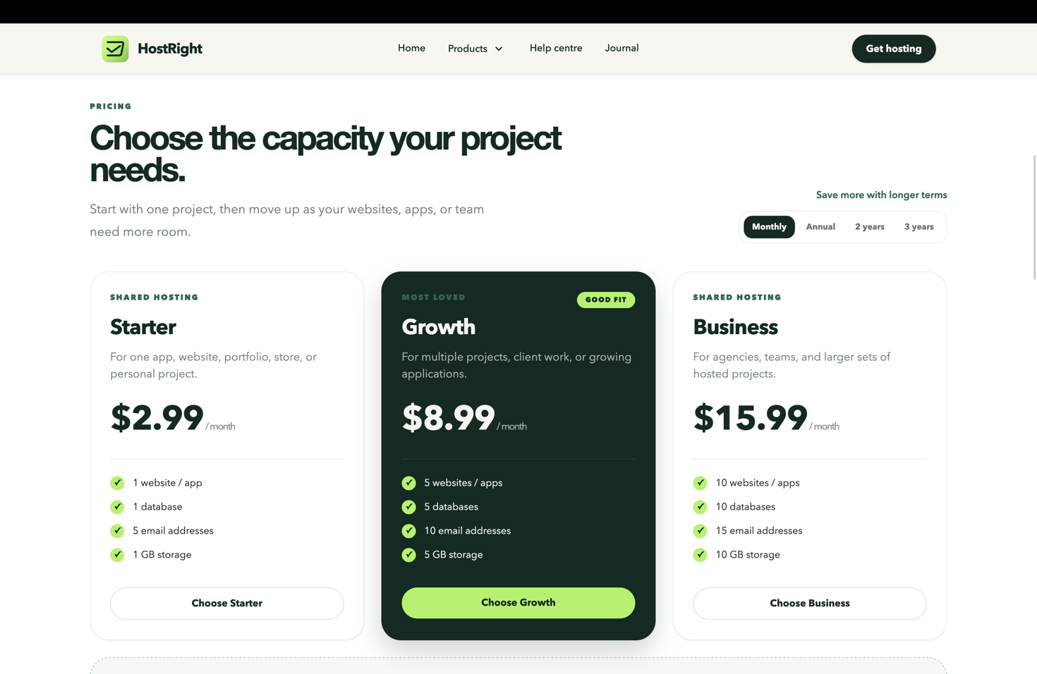 HostRight shared hosting plans