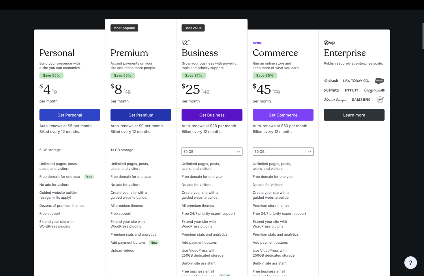 WordPress.com plan comparison