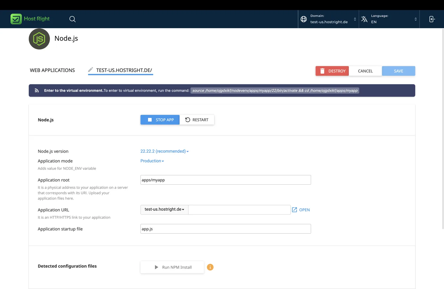 Node.js application controls