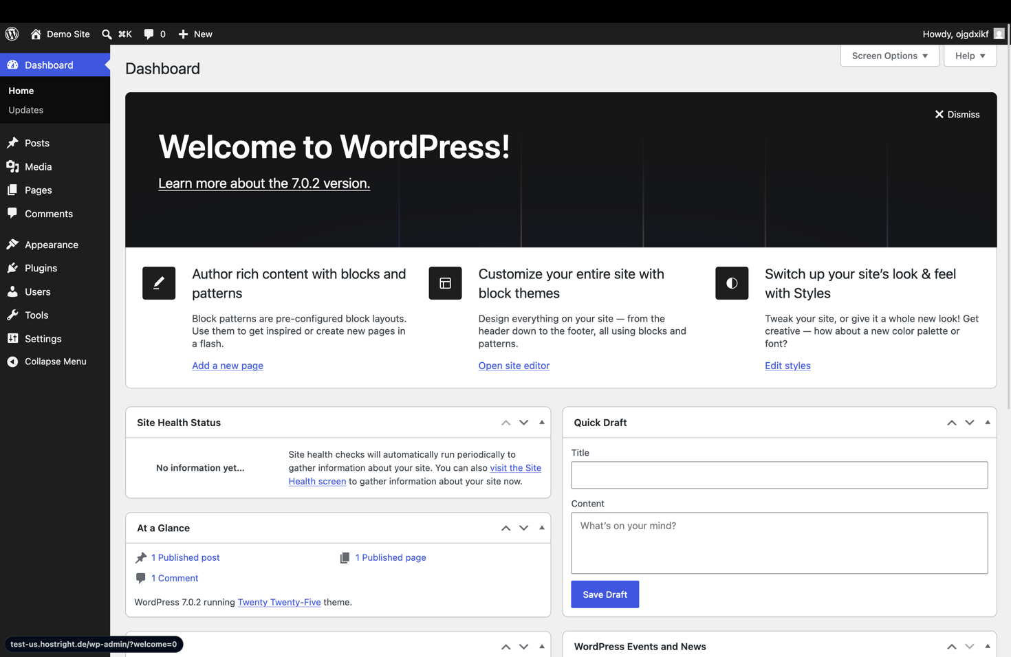 WordPress dashboard