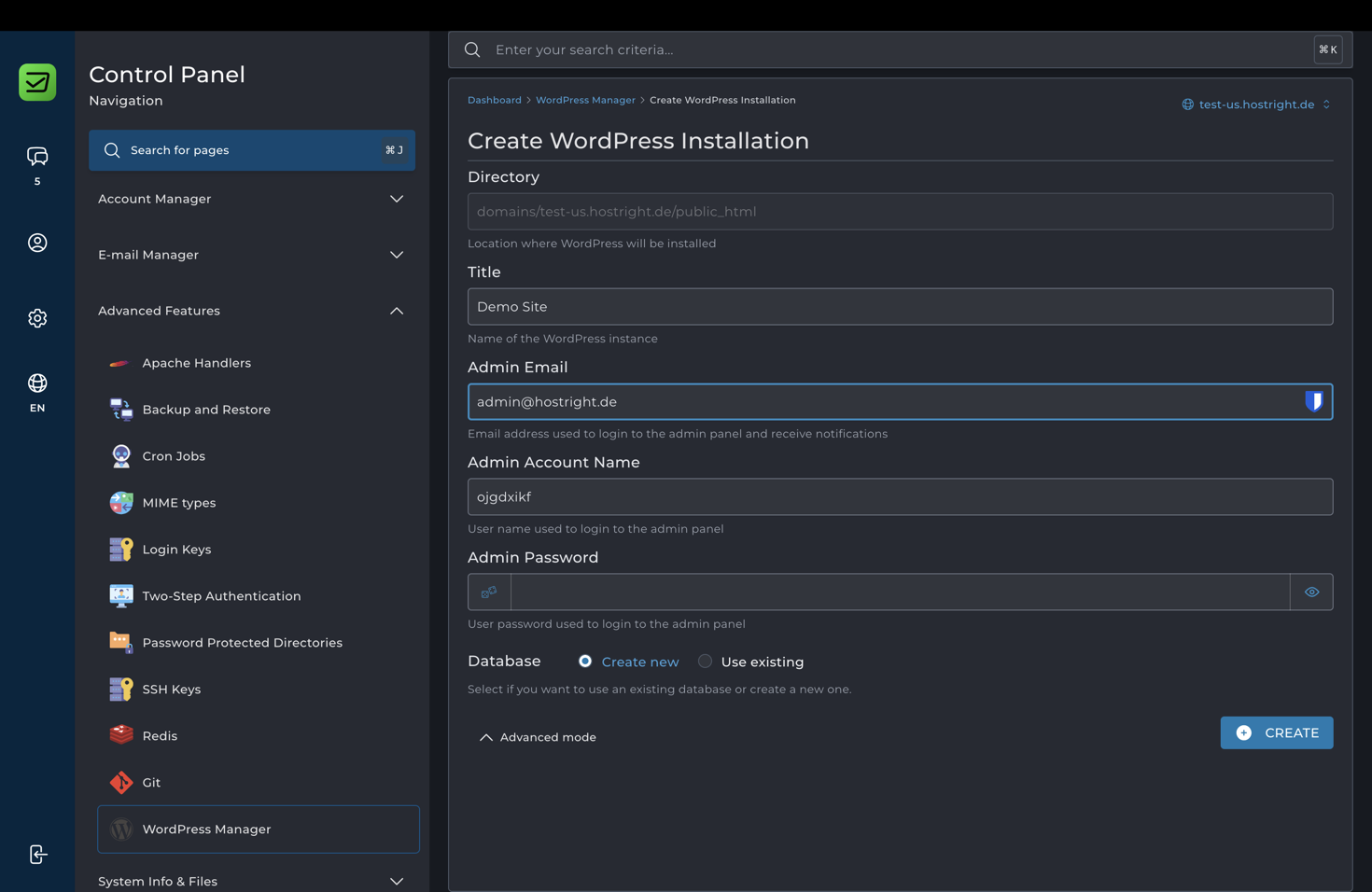 Complete the WordPress installation form