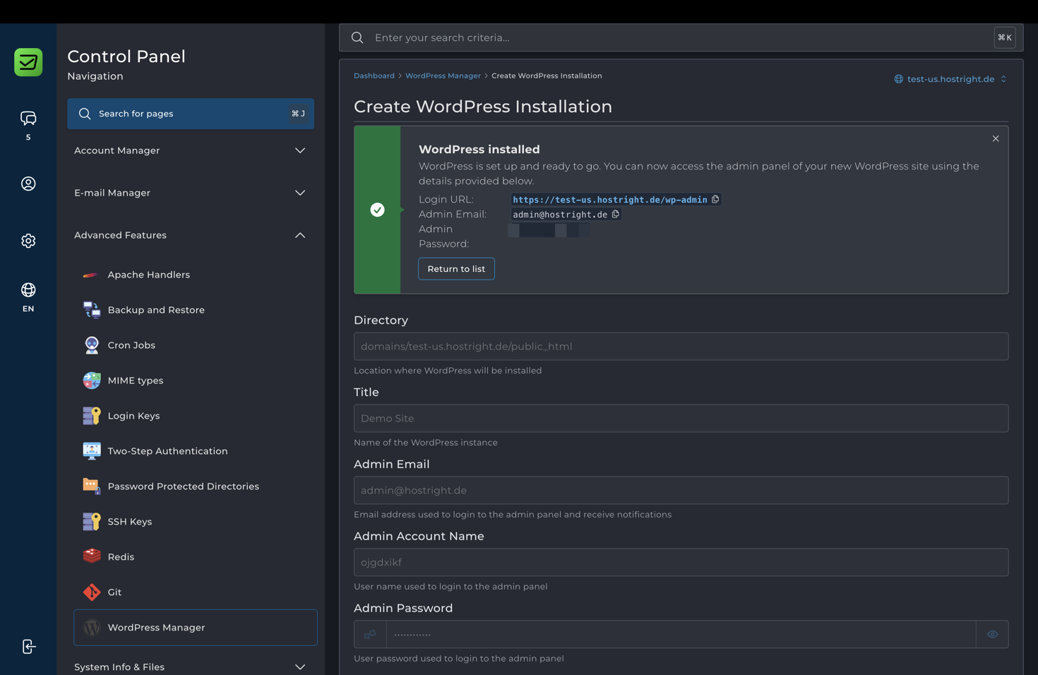 WordPress installation completed