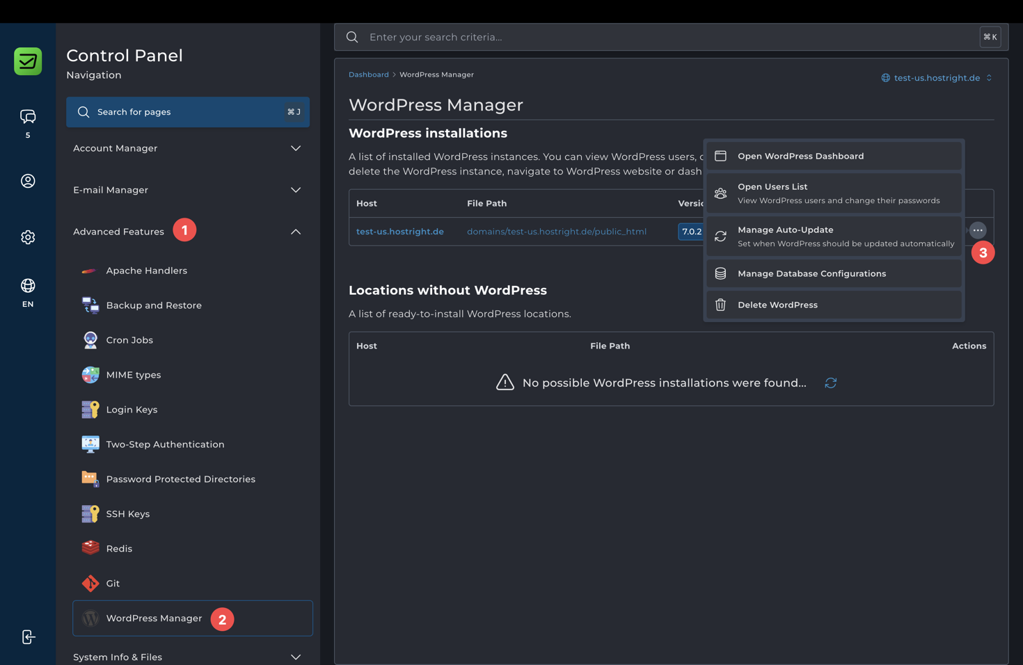 WordPress Manager actions menu